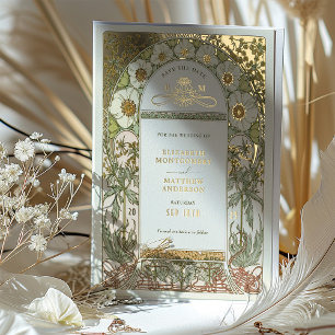 Invitación Con Relieve Metalizado Art Nouveau Guardar el Relieve metalizado dorado B