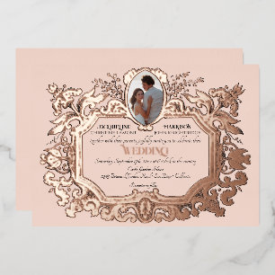 Invitación Con Relieve Metalizado Art Nouveau Rococó Elegante Boda de Oro Rosa Foto