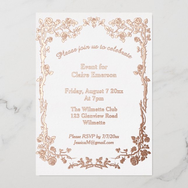 Invitación Con Relieve Metalizado Art Nouveau rosa dorado (Anverso)
