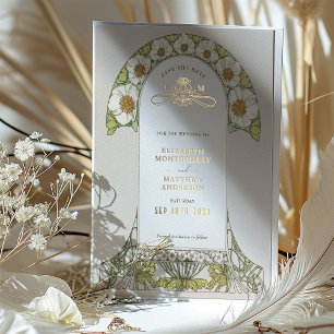 Invitación Con Relieve Metalizado Art Nouveau Save the Date Boda Hoja de Oro