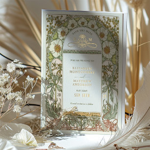 Invitación Con Relieve Metalizado Art Nouveau Save the Date Boda Hoja de Oro