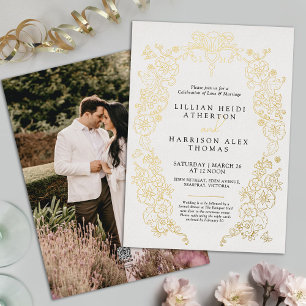 Invitación Con Relieve Metalizado Arte de flor de lis de primavera boda negro blanco