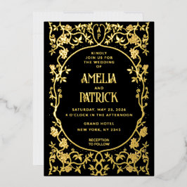 Invitación Con Relieve Metalizado Arte de lámina real Art Nouveau floral boda negro