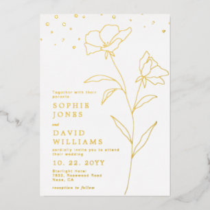 Invitación Con Relieve Metalizado Arte de línea botánica Flor elegante boda real
