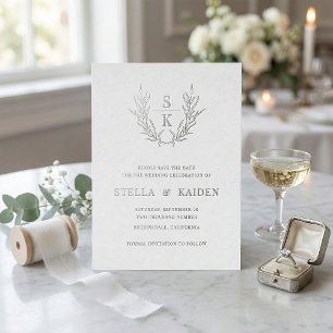 Invitación Con Relieve Metalizado Arte de línea de hojas de follaje Boda moderna Sav