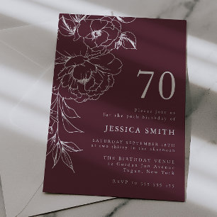 Invitación Con Relieve Metalizado Arte de línea floral de lujo Cumpleaños 70 platead