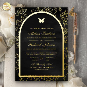 Invitación Con Relieve Metalizado Arte de Línea Negra Arco Mariposa Boda Oro