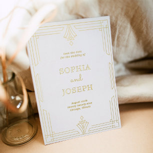 Invitación Con Relieve Metalizado Arte Deco Blanco con Hoja de Oro Save the Date Fot