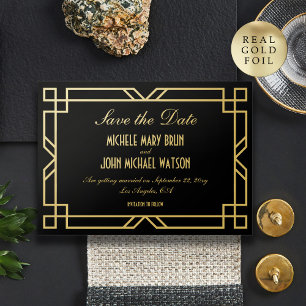 Invitación Con Relieve Metalizado Arte Deco Clásico Vintage Negro Oro Salva la Fecha
