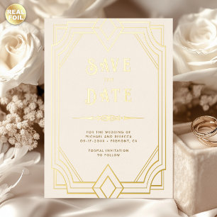 Invitación Con Relieve Metalizado Arte Deco Cream Gold Boda Save the Date