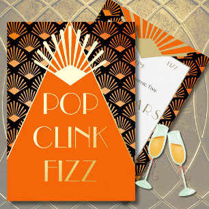 Invitación Con Relieve Metalizado Arte Deco de Año Nuevo Pop Clink Fizz Glamuroso