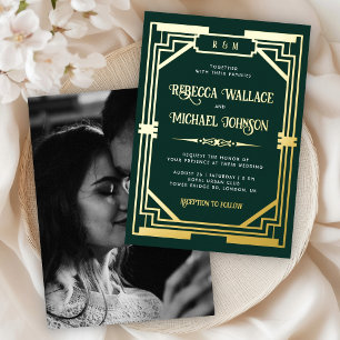 Invitación Con Relieve Metalizado Arte Deco Geométrico Antiguo Boda Esmeralda Oro