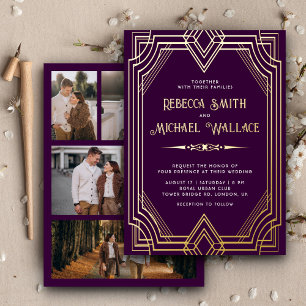 Invitación Con Relieve Metalizado Arte Deco Geométrico Elegante Bodas Púrpura Dorado