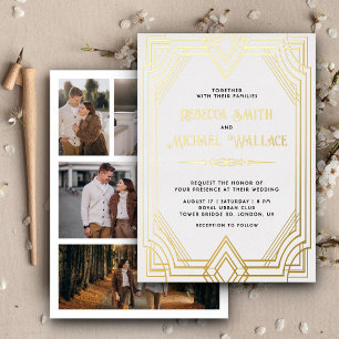 Invitación Con Relieve Metalizado Arte Deco Geométrico Elegante de Boda en Oro Blanc