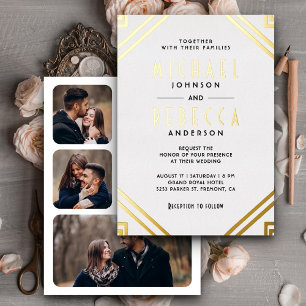 Invitación Con Relieve Metalizado Arte Deco Geométrico Mínimo Boda Oro Blanco