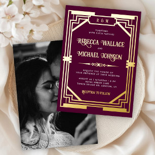 Invitación Con Relieve Metalizado Arte Deco Geométrico Vintage Boda Oro Ciruela