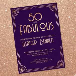 Invitación Con Relieve Metalizado Arte Deco Moderno 50 y Fabuloso Cumpleaños