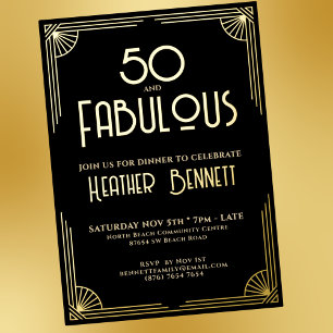 Invitación Con Relieve Metalizado Arte Deco Moderno 50 y Fabuloso Cumpleaños
