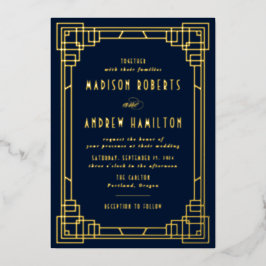 Invitación Con Relieve Metalizado Arte Deco Moderno Boda Azul Marino y Dorado