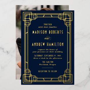 Invitación Con Relieve Metalizado Arte Deco Moderno Boda Azul Marino y Dorado