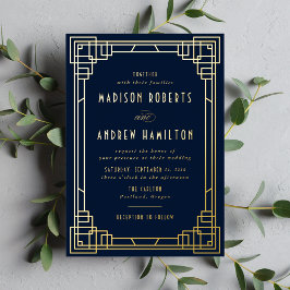 Invitación Con Relieve Metalizado Arte Deco Moderno Boda Azul Marino y Dorado