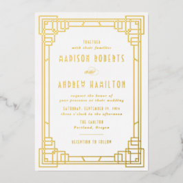 Invitación Con Relieve Metalizado Arte Deco Moderno Boda Dorado