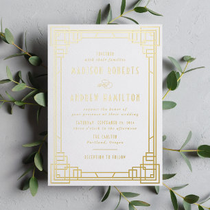 Invitación Con Relieve Metalizado Arte Deco Moderno Boda Dorado