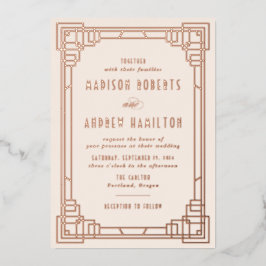 Invitación Con Relieve Metalizado Arte Deco Moderno Boda Marfil y Oro Rosa