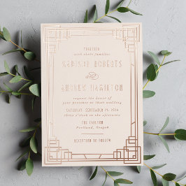 Invitación Con Relieve Metalizado Arte Deco Moderno Boda Marfil y Rosa Dorado