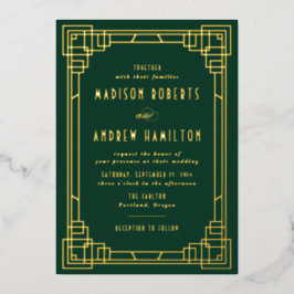 Invitación Con Relieve Metalizado Arte Deco Moderno Boda Verde y Dorado