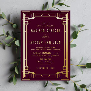 Invitación Con Relieve Metalizado Arte Deco Moderno Boda Vino y Oro