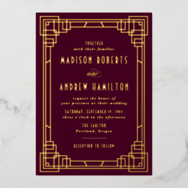 Invitación Con Relieve Metalizado Arte Deco Moderno Boda Vino y Oro