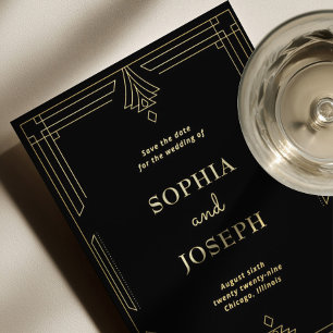 Invitación Con Relieve Metalizado Arte Deco Negro con Hoja de Oro Save the Date Foto