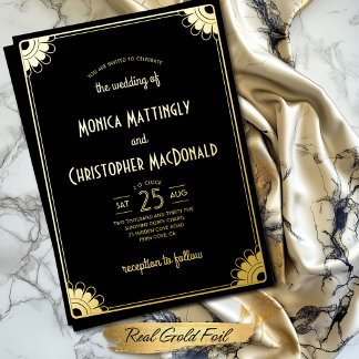 Invitación Con Relieve Metalizado Arte Deco Simple Negro Oro Floral Retro Boda