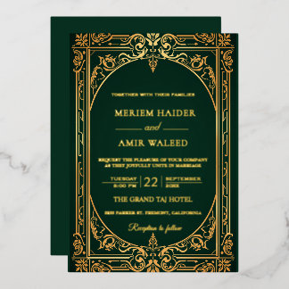 Invitación Con Relieve Metalizado Arte Deco vintage negro y dorado para boda