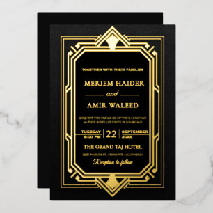 Invitación Con Relieve Metalizado Arte Deco vintage negro y dorado para boda