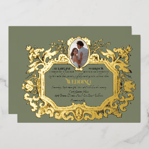 Invitación Con Relieve Metalizado Arte elegante Art Nouveau Rococó Boda Sage Foto