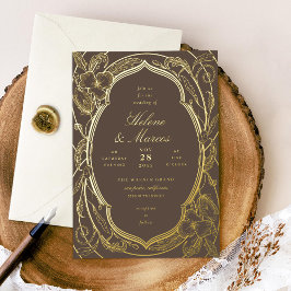 Invitación Con Relieve Metalizado Arte Floral Antiguo Nouveau Boda Oro