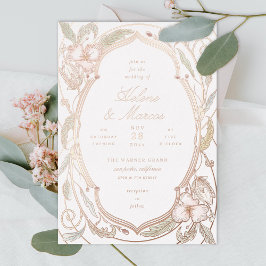 Invitación Con Relieve Metalizado Arte Floral Antiguo Nouveau Boda Rosa Oro