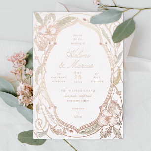 Invitación Con Relieve Metalizado Arte Floral Antiguo Nouveau Boda Rosa Oro