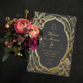 Invitación Con Relieve Metalizado Arte Floral Antiguo Novedoso Boda Gris Dorado