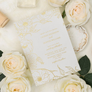 Invitación Con Relieve Metalizado Arte Floral de Línea Moderna Boda Oro