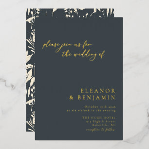Invitación Con Relieve Metalizado Arte Floral Negro Minimalista Boho Boda Oro