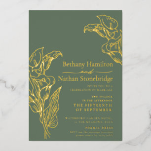 Invitación Con Relieve Metalizado Arte minimalista de lirio de cala boda verde dorad