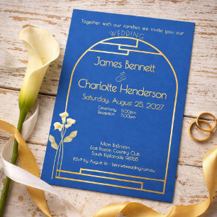 Invitación Con Relieve Metalizado Arte Minimalista Nouveau Arco Dorado Lirio Azul Bo
