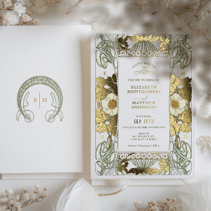 Invitación Con Relieve Metalizado Arte Nouveau Antiguo Verde y Dorado de Boda Mucha