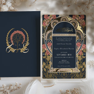 Invitación Con Relieve Metalizado Arte Nouveau de boda islámico Borgoña