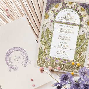 Invitación Con Relieve Metalizado Arte Nouveau de Bodas con Margaritas Lavanda y Hoj