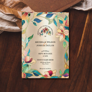 Invitación Con Relieve Metalizado Arte Nouveau de vidrio pintado turquesa rosa vinta