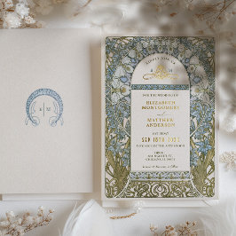 Invitación Con Relieve Metalizado Arte Nouveau Mucha de Flor de Maíz Azul Polvorient